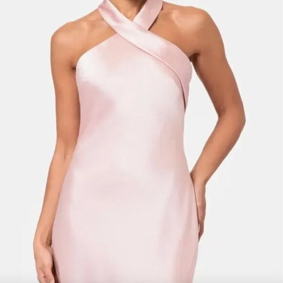 NWT Xscape Rose Pink "Francesca" Satin Halter Tie Neck Floor Length Dress Size 6 - Picture 2 of 13